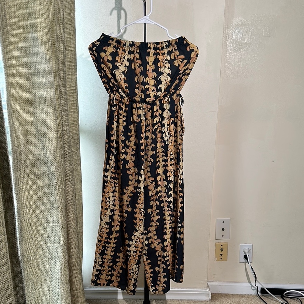 Luz Jumpsuit Womens S Black Tan Leaf Print Strapless Wide Leg Boho Resort Chic